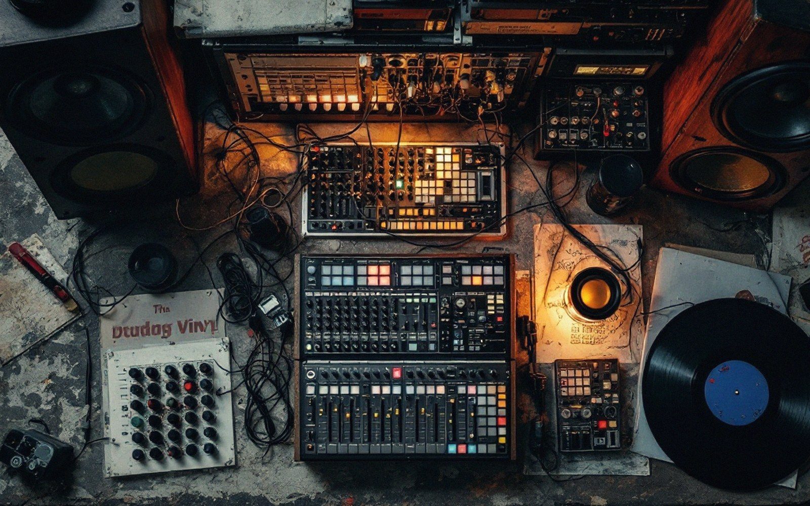 Overhead view of synthesizers, drum machines, speakers and a vinyl record on a studio desk