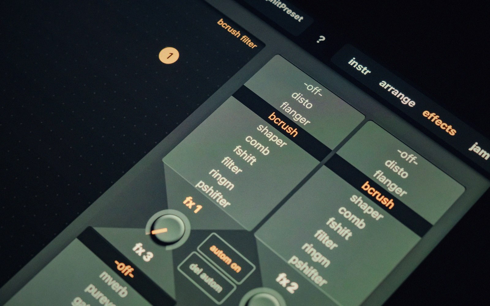 Close-up of a music production app screen showing effects menus like bcrush and flanger